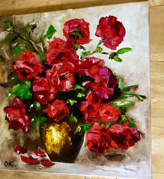 BOUQUET OF RED ROSES  palette knife still life  flowers Dutch style  office home decor gift