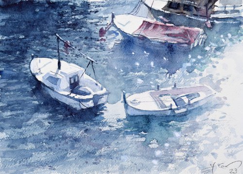 Boats in the harbor by Goran Žigolić Watercolors