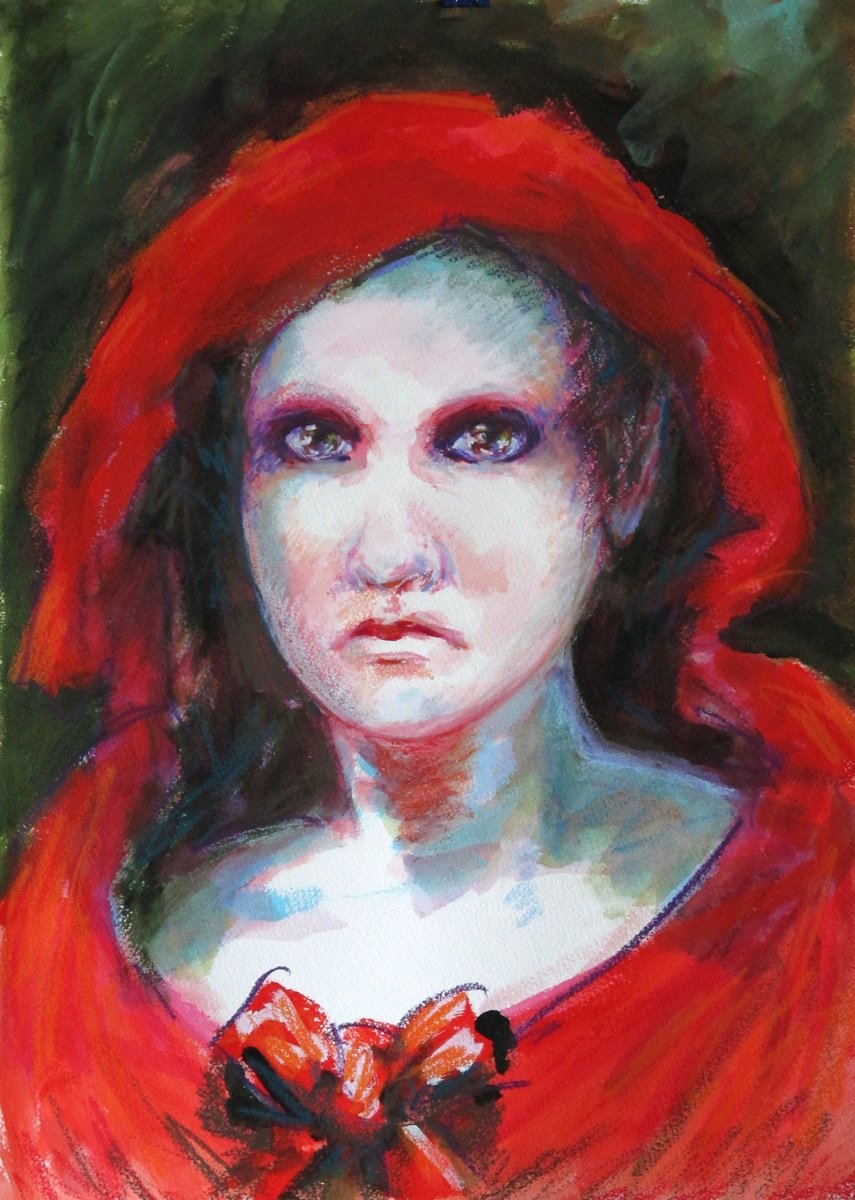 Expressive Portrait Drawing By Fabienne Monestier, 14 X 20, The Red Riding Hood, Original Artwork