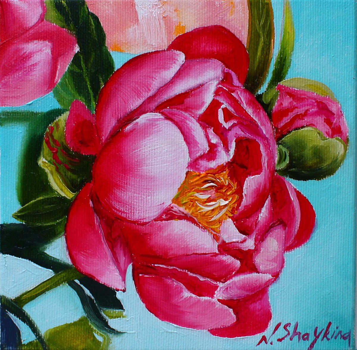 Peony Flower. Small painting oil on canvas by Natalia Shaykina