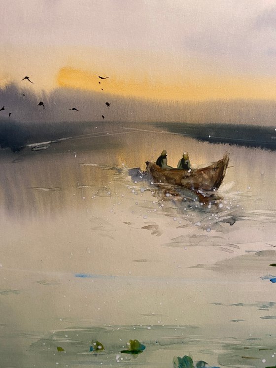Watercolor “Fishing early morning” gift for him