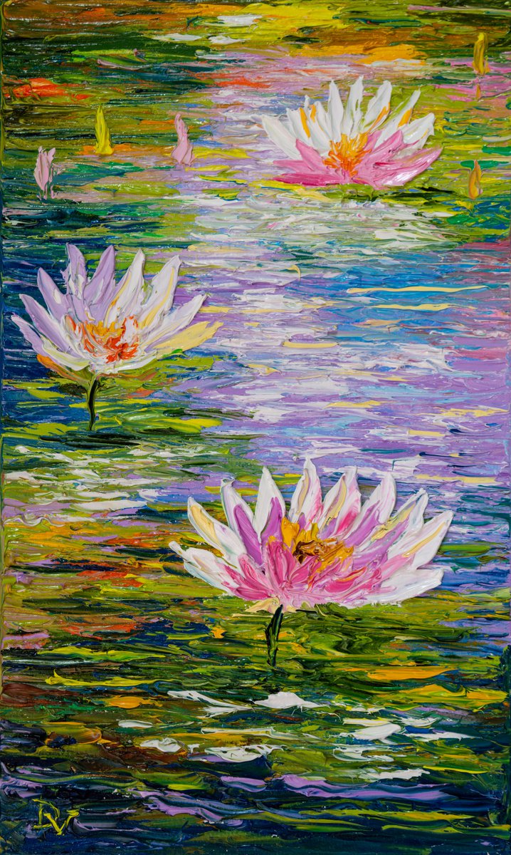 Impressionistic Botanical Oil Painting By Vladyslav Durniev, 12 X 20", Joyful Water Lilies, Original Artwork