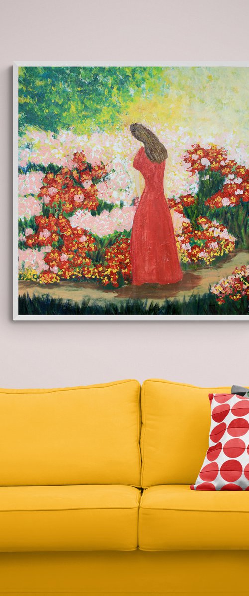 Silhouette of a girl in a rose garden. Original painting on canvas by Olya Shevel