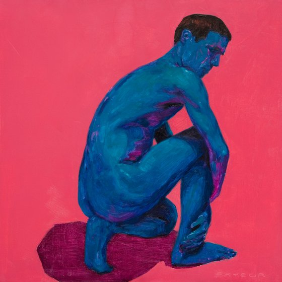 modern portrait of a nud man in pink and blue