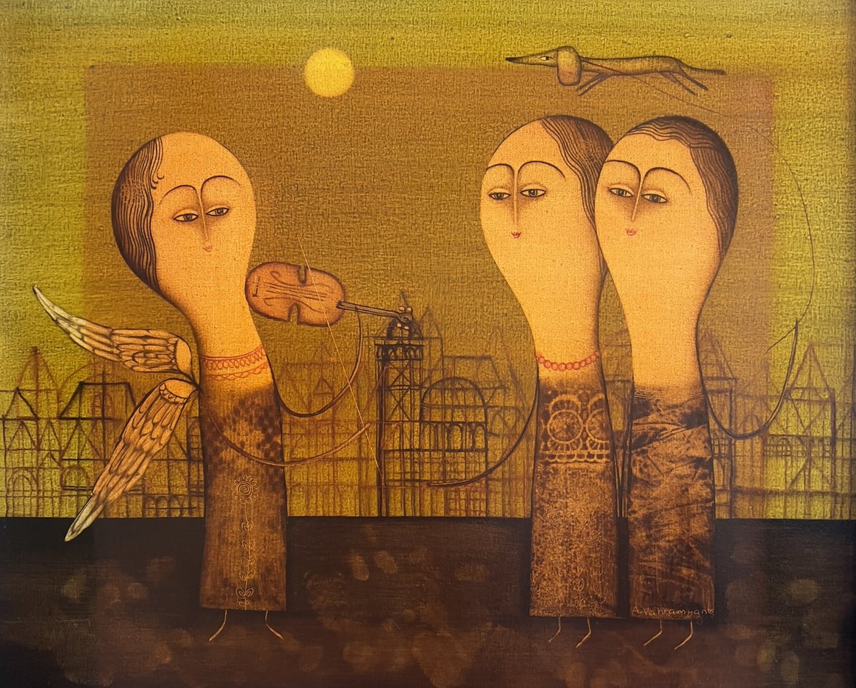 Naive Portrait Oil Painting By Armen Vahramyan, 24 X 20, Celestial Serenade, Original Artwork