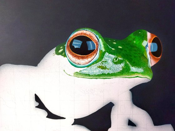 Green frog art, hyperrealism,  hyperrealistic artwork,  realism acrylic painting