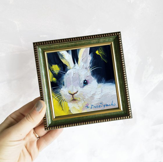 Cute rabbit painting original oil framed 4x4, Small framed art white rabbit artwork black and yellow background