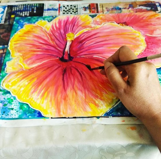 Pink Hibiscus Colorful Painting