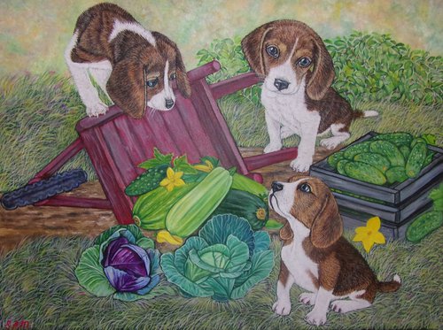 Beagle Puppies and vegetable by Sofya Mikeworth