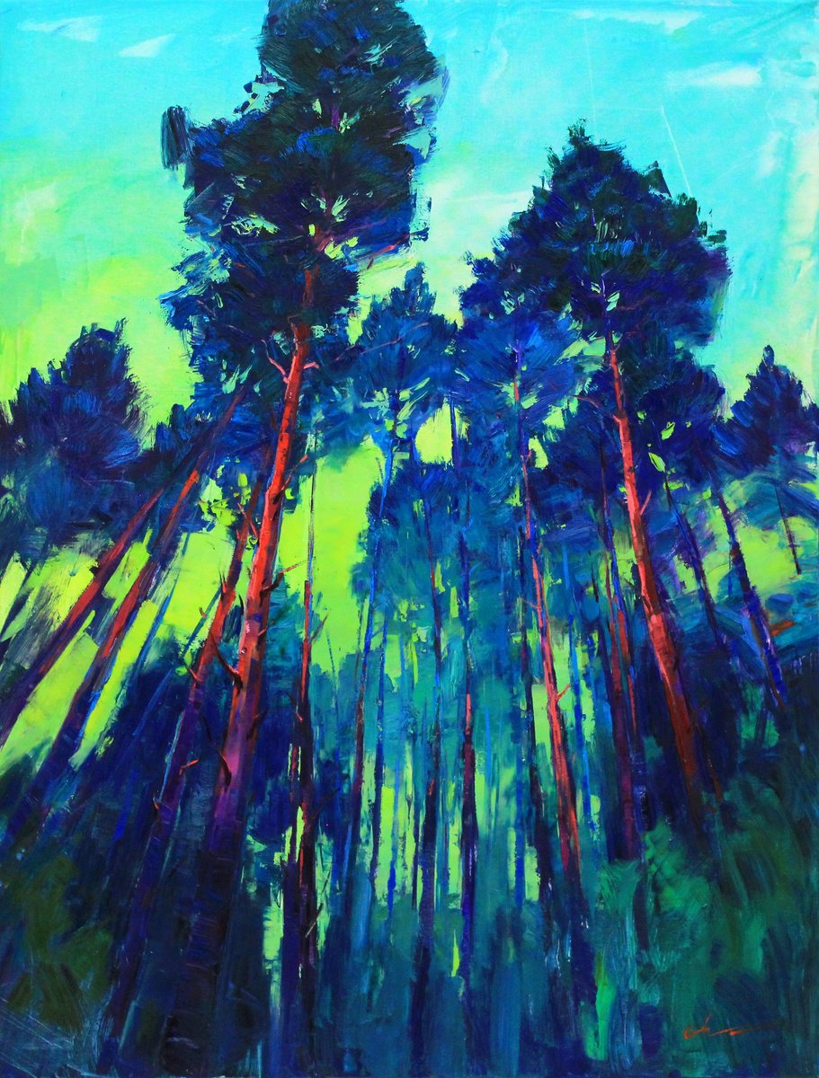 Impressionistic Landscape Oil Painting By Serhii Cherniakovskyi, 31 X 39", Pine Forest, Original Artwork