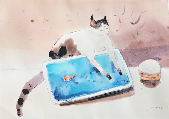 Cat and Fish Illustration