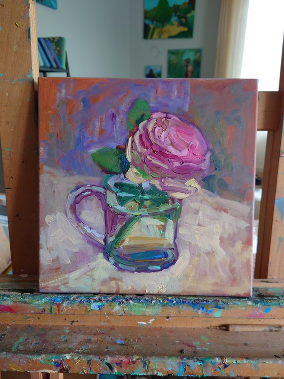 Pink Rose in Glass Mug