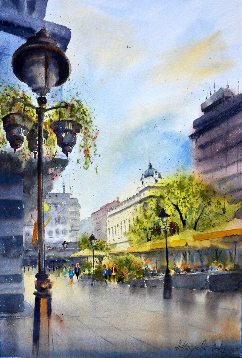 Impressionistic Cityscapes Watercolour By Nenad Kojic, 15 X 22", Trg Sa Ruskim Carom, Original Artwork