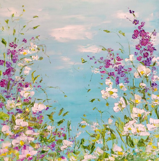 HEAVENLY FANTASY - Sky. Summer. Flowers. Clouds. Daisies. Meadow. Glade. Pink flowers.