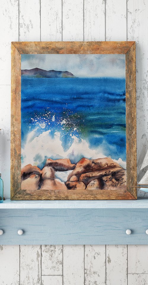Wave - original seascape watercolor by Delnara El