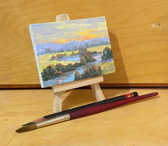 River Bend Sunset Miniature Oil Landscape