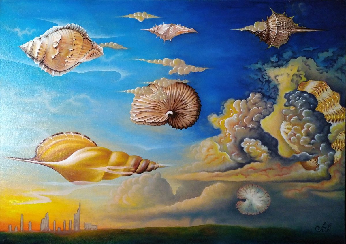 Surrealistic Landscape Oil Painting By Anna Shabalova, 28 X 20, The Sky Of Atlantis, Original Artwork