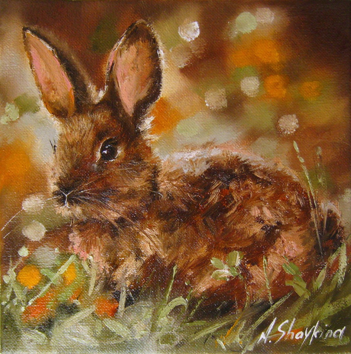 Impressionistic Animal Oil Painting By Natalia Shaykina, 8 X 8", Rabbit, Original Artwork