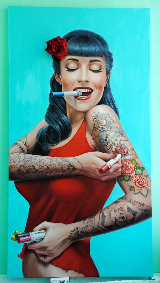 Large oil turquoise painting original Tattoo girl Beautiful playful girl tattoo artist Sexy woman Decor wall studio tattoo Volumetric red flower Wallart