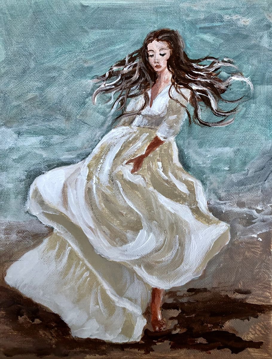 Impressionistic Portrait Acrylic Painting By Inna Montano, 8 X 10, Windy Day, Original Artwork