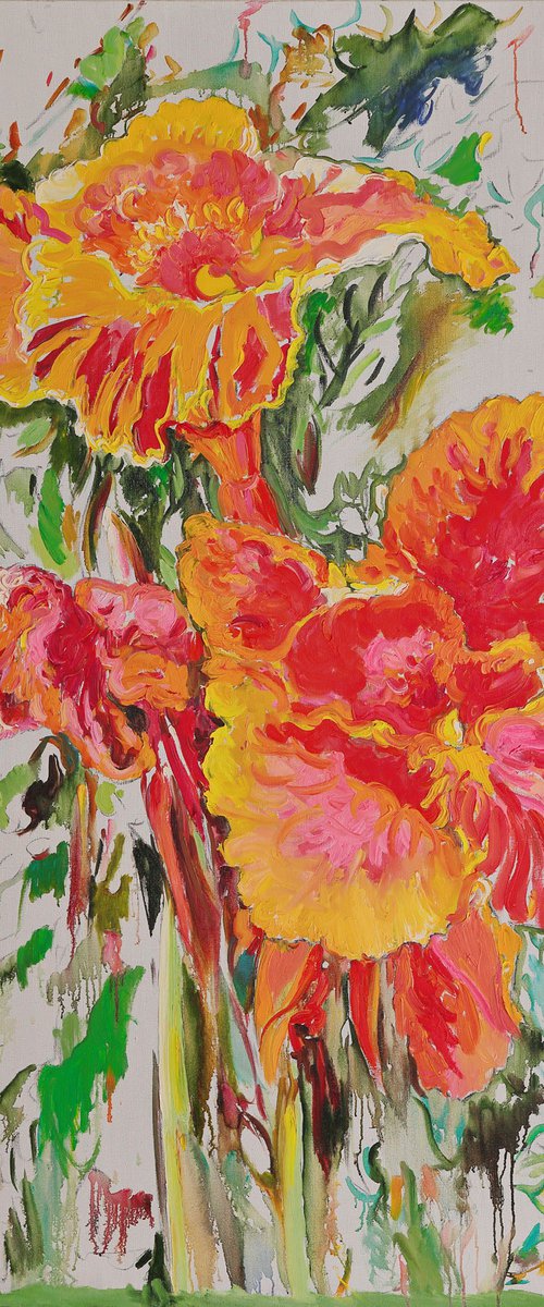 IRISES - Easel - XL Large Oil Floral Painting - original wall sized orange yellow colours - interior decor 180x120 by Karakhan