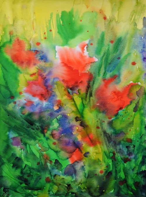Abstract flowers watercolor painting, red poppies wall art, abstract original painting by Kate Grishakova