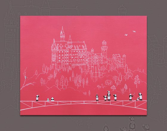 contemporary pink landscape - line style european castle - tourists and animal pandas - germany - Schloss Neuschwanstein ( Original )