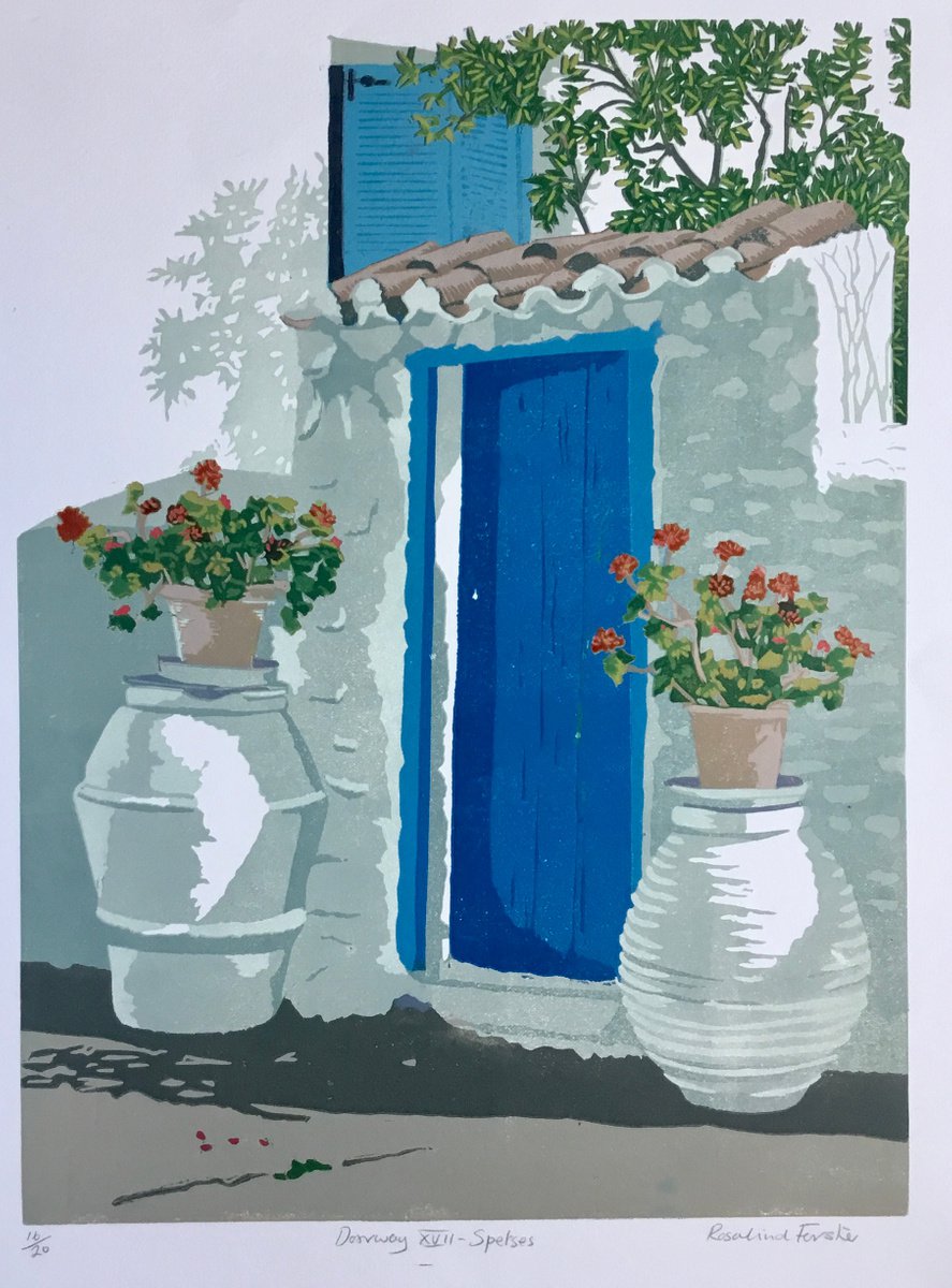 Botanical Linocut By Rosalind Forster, 14 X 20", Doorway Xvii Spetses, Original Artwork