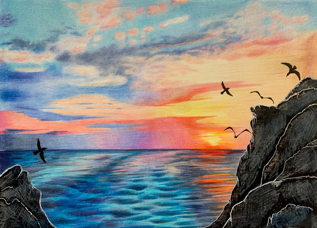 Illustrative Pencil Drawing , Circling The Cliffs By Karen Elaine Evans, 17 X 12, Artwork For Sale On Artfinder