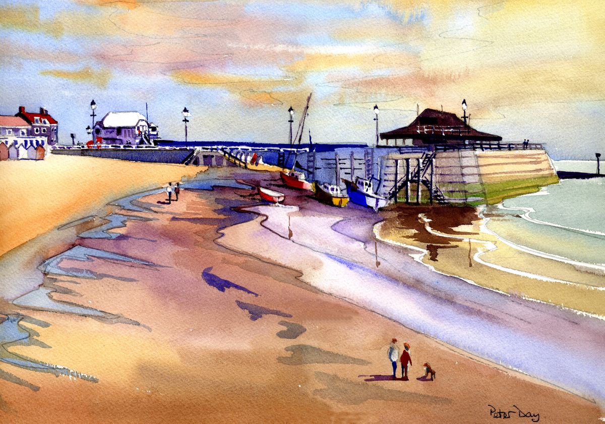 Impressionistic Landscape Watercolour By Peter Day, 17 X 13", Broadstairs Viking Bay, Original Artwork