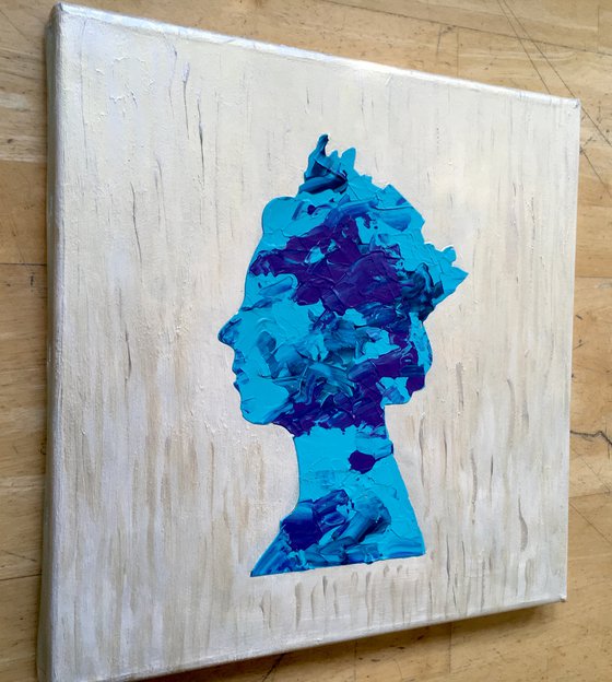 Queen #96 on pearl and silver metallic,  purple, teal and blue MARBLE PATTERN PAINTING INSPIRED BY QUEEN ELIZABETH PORTRAIT