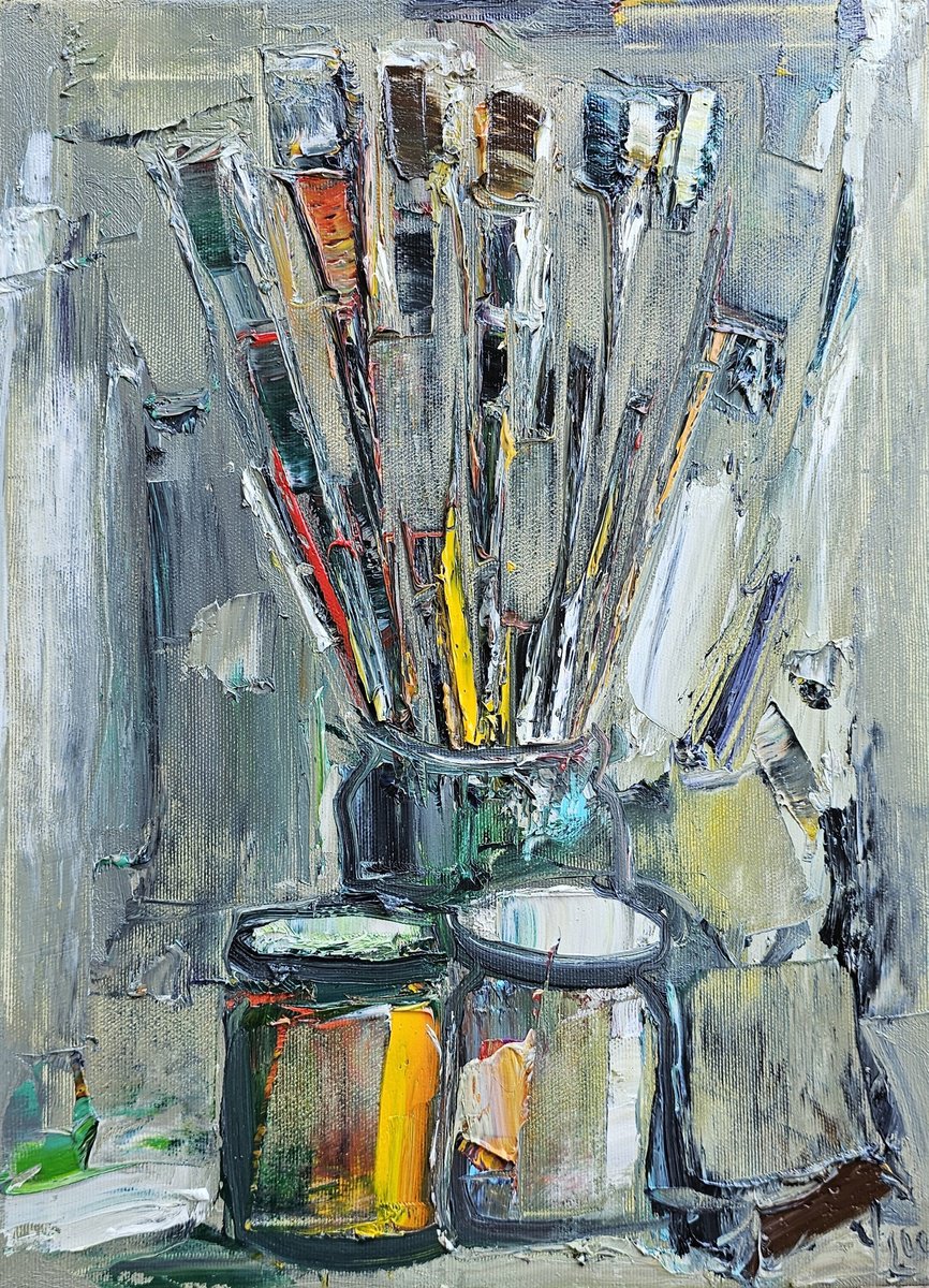 Abstract Still Life Oil Painting By Vlas Ayvazyan, 12 X 16", Tools Of Creation, Original Artwork