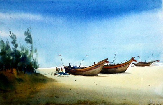 Fishing Boats at Seashore - Watercolor painting on Paper