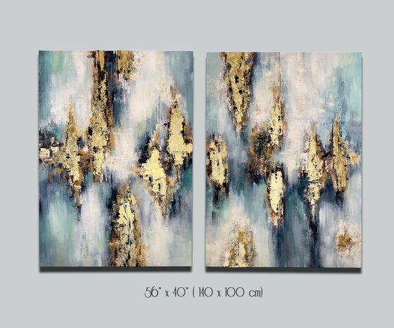 Impulse - 56" x 40" Abstract Painting, Set of Two Paintings, Multi Panel Abstract, ORIGINAL Painting, Gold Leaf Painting, Black and Gold, Large Art