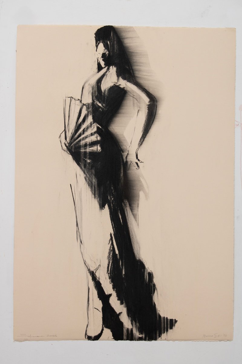 Expressive Portrait Charcoal Drawing By Zil Hoque, 25 X 36", Iberica Iii #1, Original Artwork