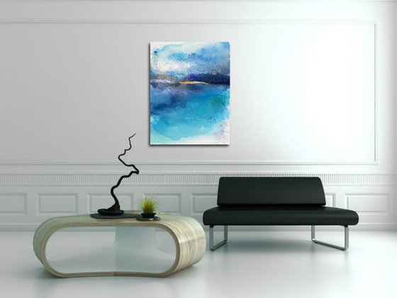"Summer love" Ocean atmospheric abstract modern  painting water waves  seascape with gold leaf
