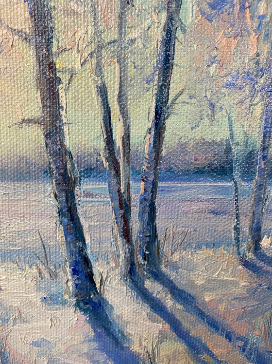 Winter lace.  Winter forest, winter landscape, small painting.
