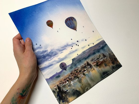 Hot air balloons in the sky over the city  Cappadocia