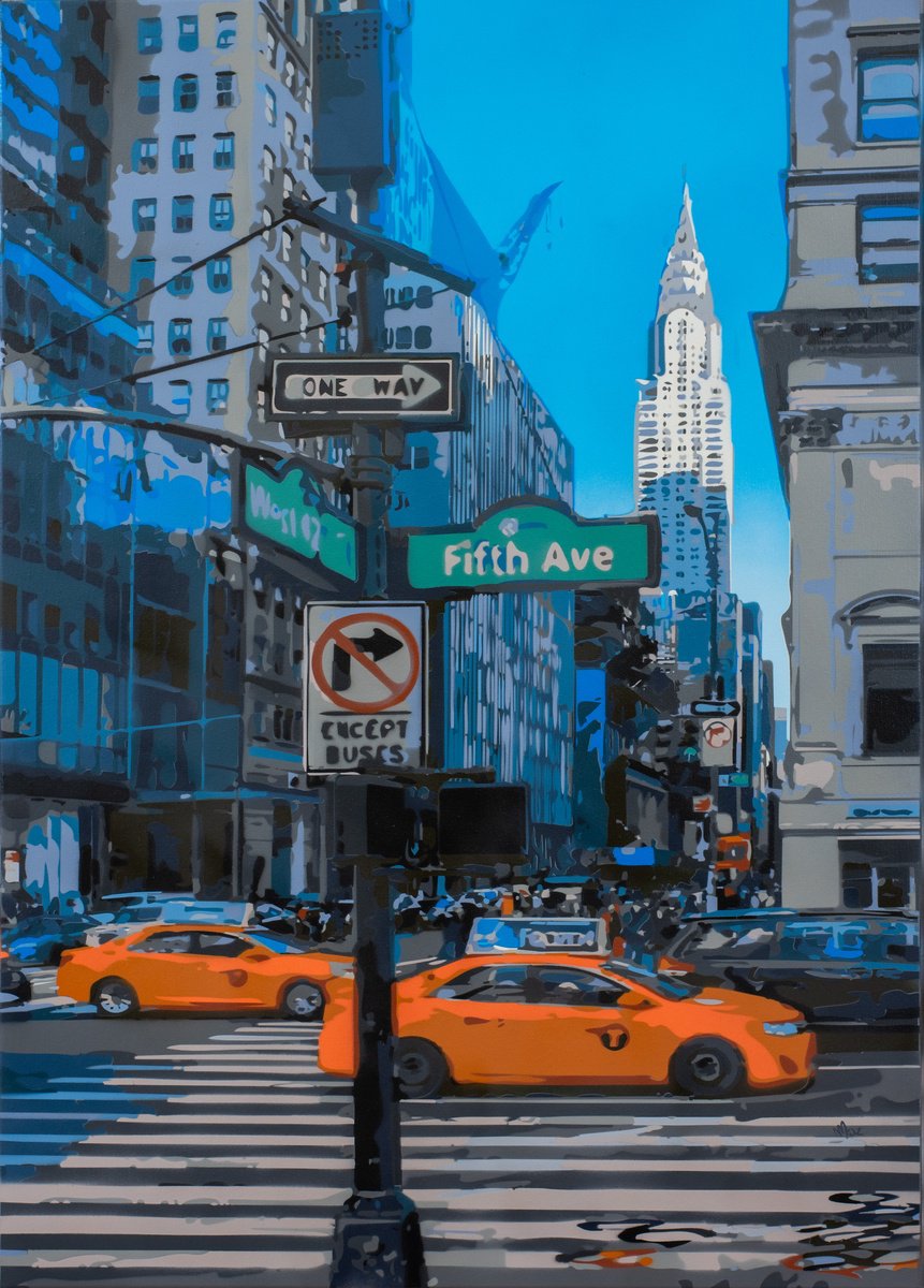 Photorealistic Cityscapes Painting By Marco Barberio, 28 X 39", Fifth Avenue, Original Artwork