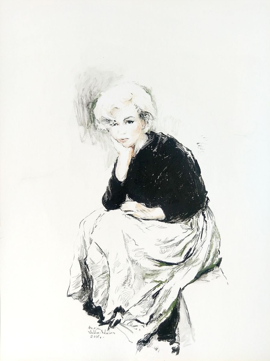 Sitting Marilyn Monroe - 14x19in contemporary minimalistic mixed media drawing by Daria Yablon-Soloviova