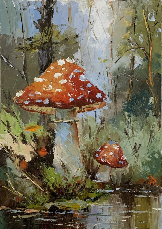 Fly agaric.Mushrooms landscape