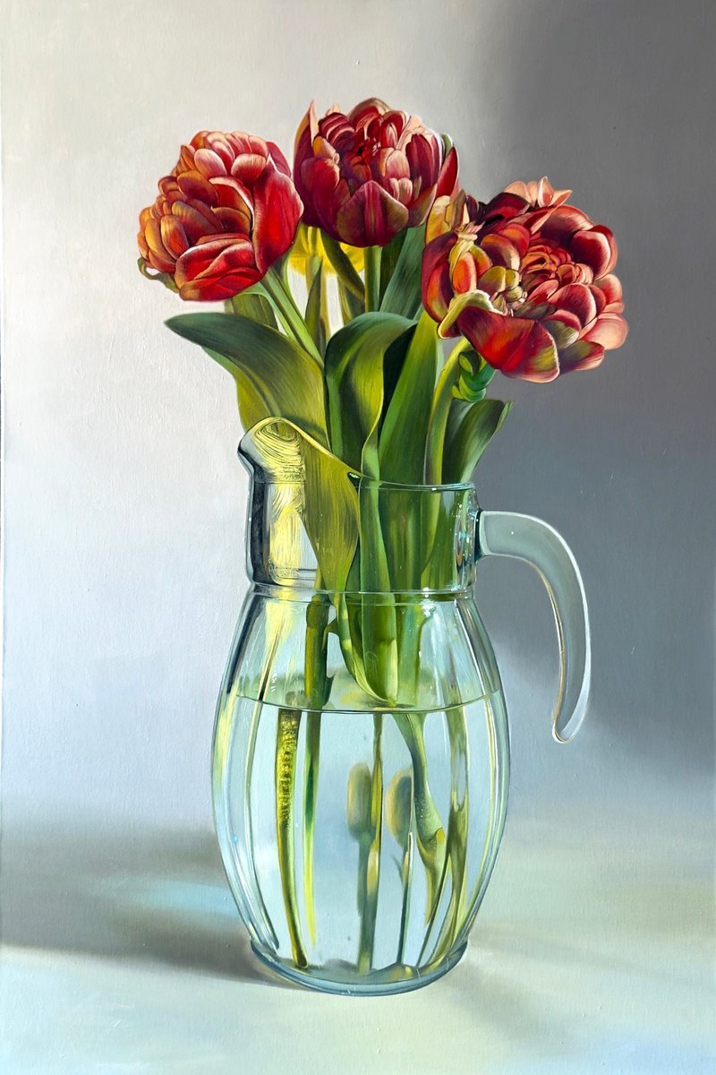 Photorealistic Botanical Oil Painting By Anastasia Parfilo, 24 X 35, Tulips, Original Artwork