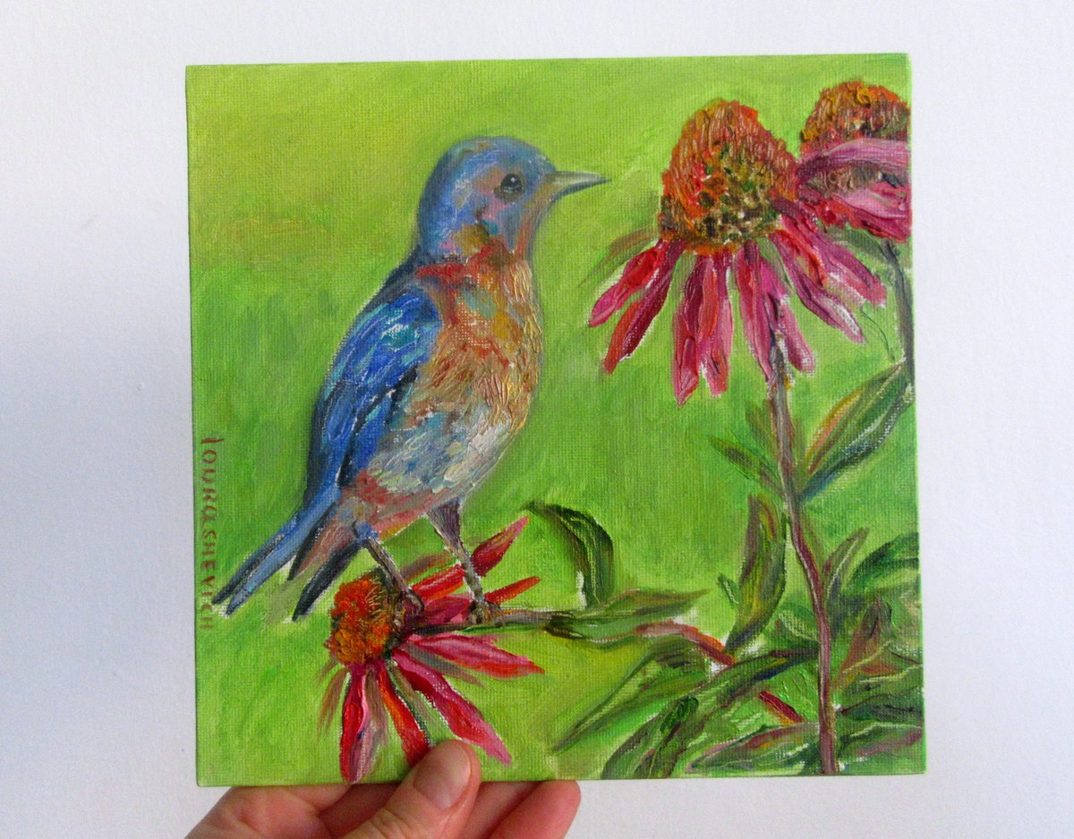 Bird Canvas Painting 8x8 in Oil,Green Miniature,Red Bloom,Original Handmade Artwork,Fantas... by Katia Ricci