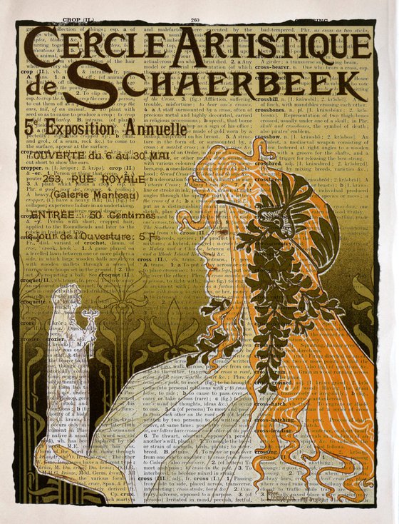 Cercle Artistique de Schaerbeek - Collage Art Print on Large Real English Dictionary Vintage Book Page