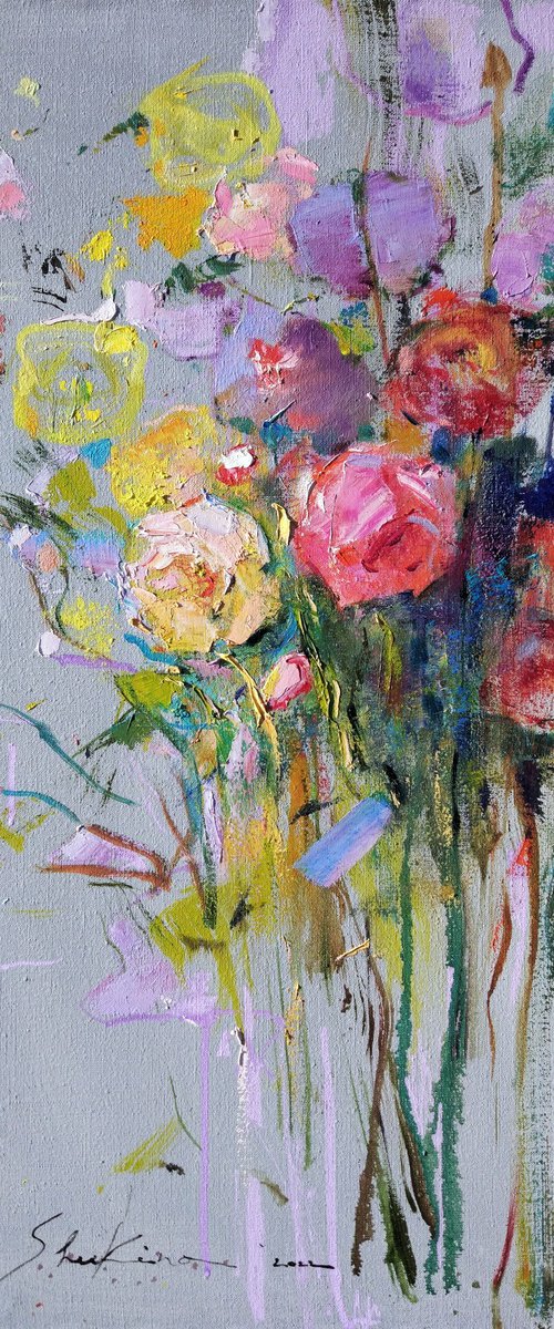 Roses on navy blue . Bouquet a la prima . Original oil painting by Helen Shukina