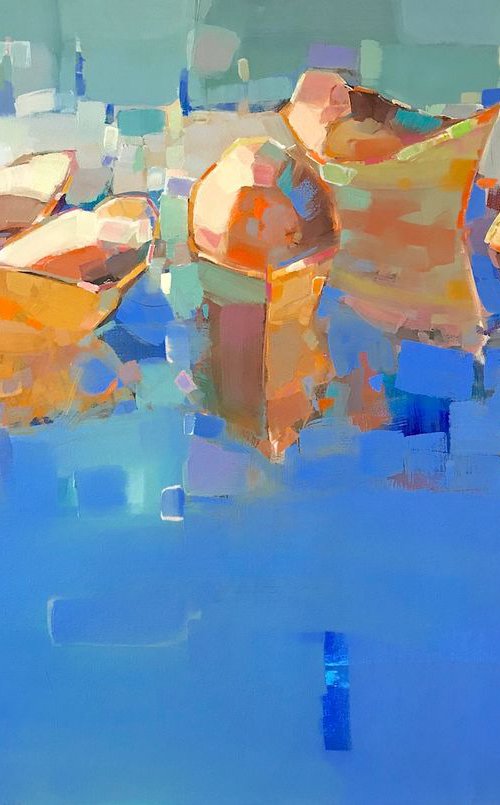 Boats, Original oil painting, Handmade artwork, Large size, One of a kind by Vahe Yeremyan