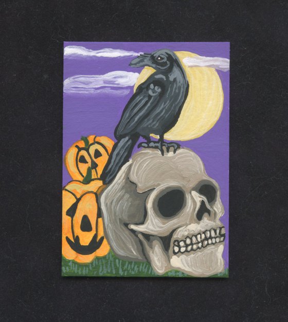 ACEO ATC Original Miniature Painting Halloween Crow Raven Skull Pumpkin Art-Carla Smale