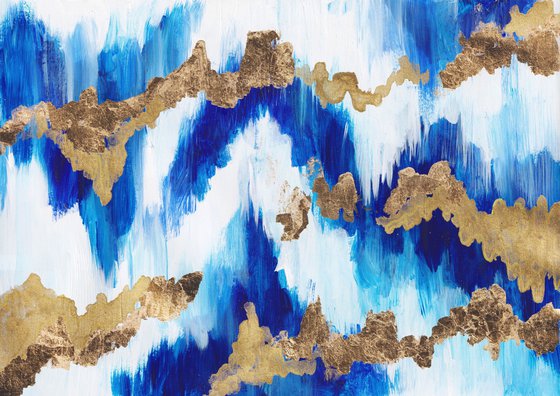 "Northern ligths"  landscape, original acrylic painting, abstract art, office home decor, gold, blue