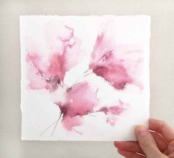 Pink abstract flowers, small watercolor painting