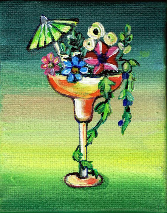 flowers in cocktail glass, original acrylic miniature painting, still life